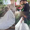 2019 A Line Wedding Dresses V Full Neck Lace 3D Floral Seques Beads Cap Sleeves Chapel Train Arabia Dubai Vestido Custom Bridal278y