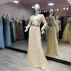 Vestidos de festa luxuosos muçulmanos mangas compridas champanhe noite longo tule o pescoço frisado vestido formal para mulheres