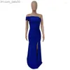 Basic Casual Dresses Casual Dresses Evening Party Dress Women Sexy Slash Neck One Shoulder Sleeveless High Split Bodycon Long Robe Female Glossy Solid Maxi Z230725