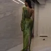 Green Sequin Sheath Evening Dresses Deep V Neck Single Sleeve Prom Gown Back Split Floor Length Womens Cocktail Party Dress