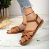 Sandálias femininas sapatos à venda tornozelo cinta feminina verão roma praia sólida peep toe casual plana