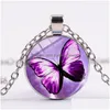 Pendant Necklaces Blue Purple Magic Butterfly Necklace Beautif Insect Flowers Glass Gem Long Chain Handmade Jewelry Drop Delivery Pend Dh1J7