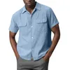 Men's Casual Shirts Solid Color Cotton Double Pocket Shirt Lapel Collar Short Sleeve Streetwear Camisas Hombre Blusas