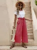 Women's Pants Women Summer Cotton Linen Wide Leg Beach Long High Waist Loose Trousers Retro Straight Vintage Lace Up Solid Ladies