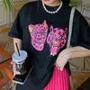 Camiseta feminina rosa leopardo estampado verão K-pop moda feminina de rua camiseta preta manga curta blusa de algodão solta anos 90 Y2K 230720