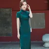 Etniska kläder Sheng Coco China Qipao Dark Green Rose Mönster Klänningar Kinesisk förbättrad stilklänning Lång orientaliska krage Chipao