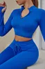 Set attivi Set da yoga Completo in due pezzi Fitness Abbigliamento sportivo Cerniera Manica lunga Stretch Crop Top con leggings a vita alta Tute Palestra da donna