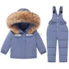 Down Coat Kids Suit Thicken Hooded Coats + Overalls 2Pcs Winter Baby Girl Duck Down Clothes Boys Snowsuit Children Clothing Set Outerwear HKD230725