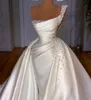 Satin Church Wedding Dress 2023 Elegant Vintage One Shoulder Pearls Beads Wedding Bride Gowns White A Line Arabic Dubai Vestido De Noiva