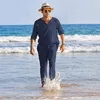 Tute da uomo Camicia a maniche lunghe in cotone e lino casual Abiti Moda per il tempo libero Completo da spiaggia per la casa Solido Pantaloni estivi Set Abbigliamento da uomo