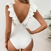 Vrouwen Badmode Eendelig Badpak 2023 Sexy Effen Witte Ruche Vrouwen Geel Badpak Beach Wear Backless Monokini