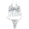 Damskie stroje kąpielowe 2pcs/zestaw cekinach Tassel Regulowane paski Bowknot Decor Bikini Zestaw jasny kolor węża w węglowym nadruku kostium kąpielowym