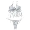 Damen-Bademode, 2 Teile/satz, Pailletten, Quaste, verstellbare Träger, Schleife, Dekor, Bikini-Set, helle Farbe, Schlangenleder-Druck, Badeanzug, Strandmode