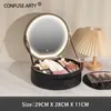 Custodie per cosmetici Astucci per trucco con luci a LED intelligenti per donna con specchio Custodia da viaggio in pelle PU impermeabile di grande capacità 230725