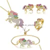 Bracelet boucles d'oreilles collier collier cristal licorne ensemble de bijoux mignon arc-en-ciel cheval or argent couleur anneaux pour femmes filles cadeau Dro Dhovb