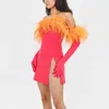 Autumn New Dress Party Split Short Dress Feather Bandeau Off Axel Dress