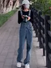 Jeans da donna Donna Streetwear Vintage Tuta di jeans ampia e aderente Pantaloni dritti coreani con bretelle Tutti abbinati Pantaloni casual T561