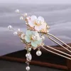 Hårklipp retro stil långa tofsar hårnålar blomma gafflar pinnar pärlor kinesiska bröllop brud smycken tillbehör ml