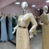 Vestidos de festa luxuosos muçulmanos mangas compridas champanhe noite longo tule o pescoço frisado vestido formal para mulheres