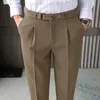 2022 Vintage Gentleman Elegante Jurk Broek Heren Beige Slim Fit Engeland Cropped Broek Met Riem Witte Broek Office Party Khaki174j