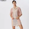 Herrespår Casual Holiday Style Set Incerun Mens See Through Hollowed Mesh kortärmad skjorta Shorts Fashion Man Two Piece 230724