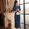 エスニック服の女性パーティーファッションヴィンテージレトロブルーマンダリンカラーQipao中国の伝統ドレス半袖Cheongsam