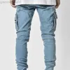 Mäns jeans män jeans företag raka denim byxor män multi fickor mitten av midjan stretchig mager l230725