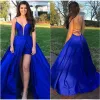 Abiti da sera con collo Plus Size Taffettà A Line Abito formale Royal Blue Side Split Backless Prom Dresses Sheer Immersione Spedizione gratuita