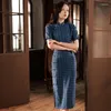 Abbigliamento etnico Donna Party Fashion Vintage Retro Blu Collo alla coreana Qipao Abito tradizionale cinese Manica corta Cheongsam