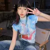 T-shirt femme Karram Y2k Aesthetics Folds T-shirt Japanese Harajuku Jellyfish Print T-shirt Grunge Fairycore Slim Top Lace Up Dye 2000s E-girls 230720