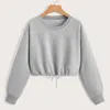 Women's Hoodies Short Women Solid Sweatshirts Tracksuits Round Neck Long Sleeve Drawstrings Crop Top Loose Pullover Kpop Sweaters Hoodie