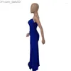Basic Casual Dresses Casual Dresses Evening Party Dress Women Sexy Slash Neck One Shoulder Sleeveless High Split Bodycon Long Robe Female Glossy Solid Maxi Z230725