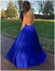 Hals Avondjurken Grote Maat Taffeta A-lijn Formele Kleding Royal Blue Side Split Backless Prom Dresses Sheer Kelderen Gratis Verzending