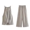 Women's Two Piece Pants UNIZERA2023 Summer Linen Pullover Split Neck Top Loose Elastic Waist Lace Up Floor Slam 230724