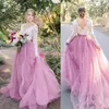 2020 Bohemian Pink Wedding Dresses V Neck Long Sleeve Lace Sweep Traad Beach Boho Garden Country Bridal Gowns Robe de Mariee Plus 269U