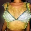 Camisetas Femininas Femininas Summer Diamond Mesh Fishnet Crop Tops Strass Sexy Out Round Decote em V Sem Mangas Curto Camisole Top