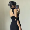 Casual Dresses Eyouth Elegant Black Flower Dress For Women Sexy Rose Ribbon Straple Vestido Lady Bodycon Slim Robe Party Club Eveing Long