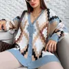 New Women Sweaters Long Sleeve Casual Cardigan Autumn V-neck PatchWork Knit Sweater Fashion Spatching Cell Print Jacket