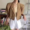 Women's Jackets French Vinatge Simple Female Tops Double-breasted Back Strap Suit Collar Coat 2023 Summer Chic Puff Sleeve Short Jacket