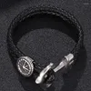 Braccialetti con ciondoli Trendy Uomo Donna Doppio strato in acciaio inossidabile con fibbia di ancoraggio in pelle nera intrecciata con cinturino da polso Gioielli Regali Fr0183