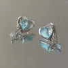 Stud Earrings Blue Crystal Rhinestones Love Heart For Women Romantic Sweet Cool Aesthetic Accessories Luxury Trendy Jewelry