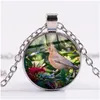 Pendant Necklaces Blue Hummingbird Picking Honey Necklace Colorf Bird Art Flower Picture Glass Dome Round Pendants Lovely Animal Jewel Dhzht