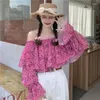 Kvinnors blusar Spring Slash Neck Floral Shirts Fashionable Off the Shoulder Long Sleeve Ruffles Loose Tops Casual Sweet Women Chiffon