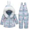 Donsjas Winterjas Baby Meisjes Sneeuwpak Kinderkleding Jas Peuter Puffer Capuchon + Sneeuw Bib Broek 2 Stuks Skipak Set HKD230725