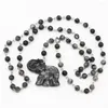 Catene Natural Black Glitter Stone Perline rotonde Scultura Ciondolo elefante Collana Charms Gioielli catena maglione fai da te Regalo all'ingrosso 3 pezzi