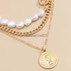 Pendant Necklaces Goth Baroque Imitation Pearl Coin Portrait Pendant Necklace Women Vintage Multi Layer Link Chain Necklace Punk Aesthetic Jewelry J230725