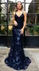 Navy Blue Glitz Lace Sequined Mermaid Prom Dresses Sexy Deep V Neck Backless Prom Gowns Vestidos De Festa