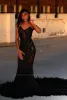 黒いセクシーな人魚のウエディングドレスの恋人スパンコールの羽の長いイブニングガウンブラックガールズジュニア卒業パーティーウェア