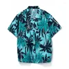 Mäns casual skjortor 2023 Holiday Short Sleeve Hawaiian Shirt Palm Tree Printed Tropical Aloha Blue Camisa Hawaiana