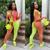 Women's Two Piece Pants Fagadoer Neon Colorful Patch Two Piece Set Women's Button Full Sleeve Top and Leg Set Autumn Club Birthday Track Set 230720